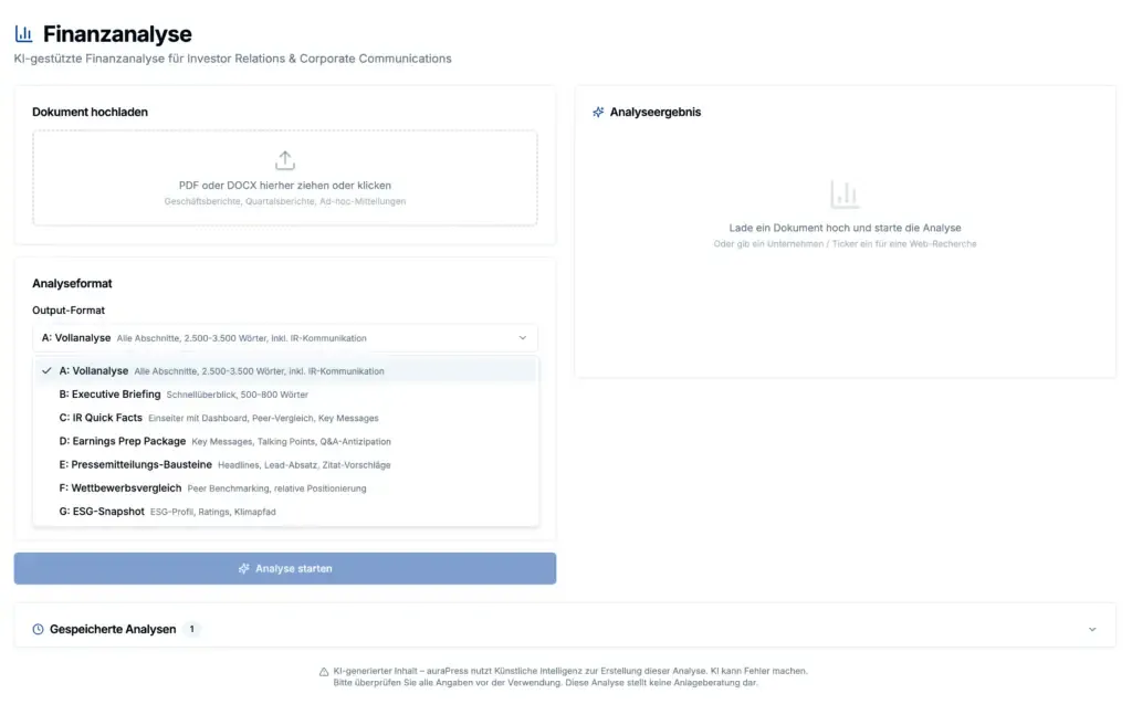 Benutzeroberfläche einer KI-gestützten Finanzanalyse mit Dokument-Upload und Analyseformat-Auswahl