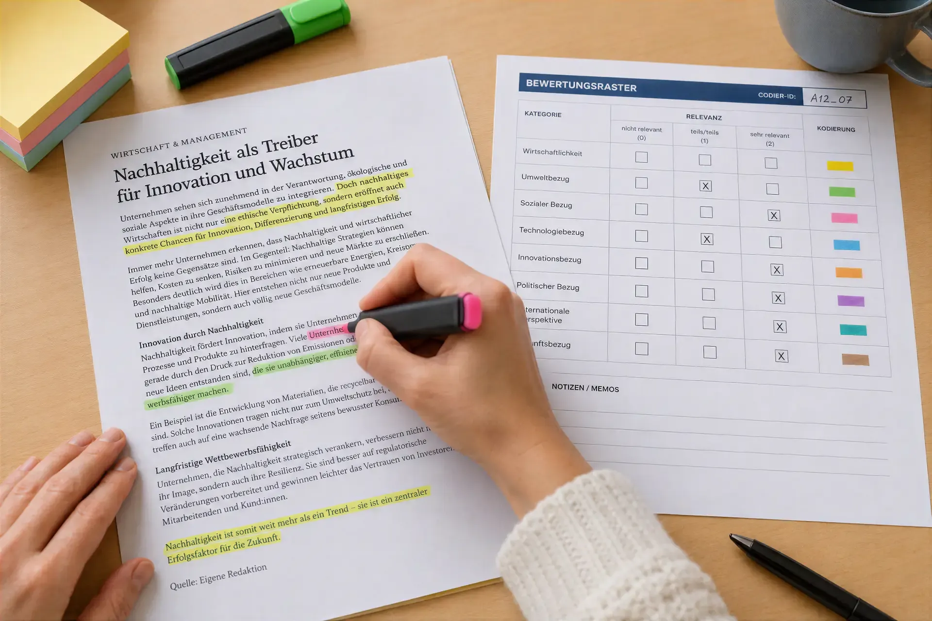 Manuelle Codierung eines Zeitungsartikels mit Bewertungsraster für Tonalität und Relevanz
