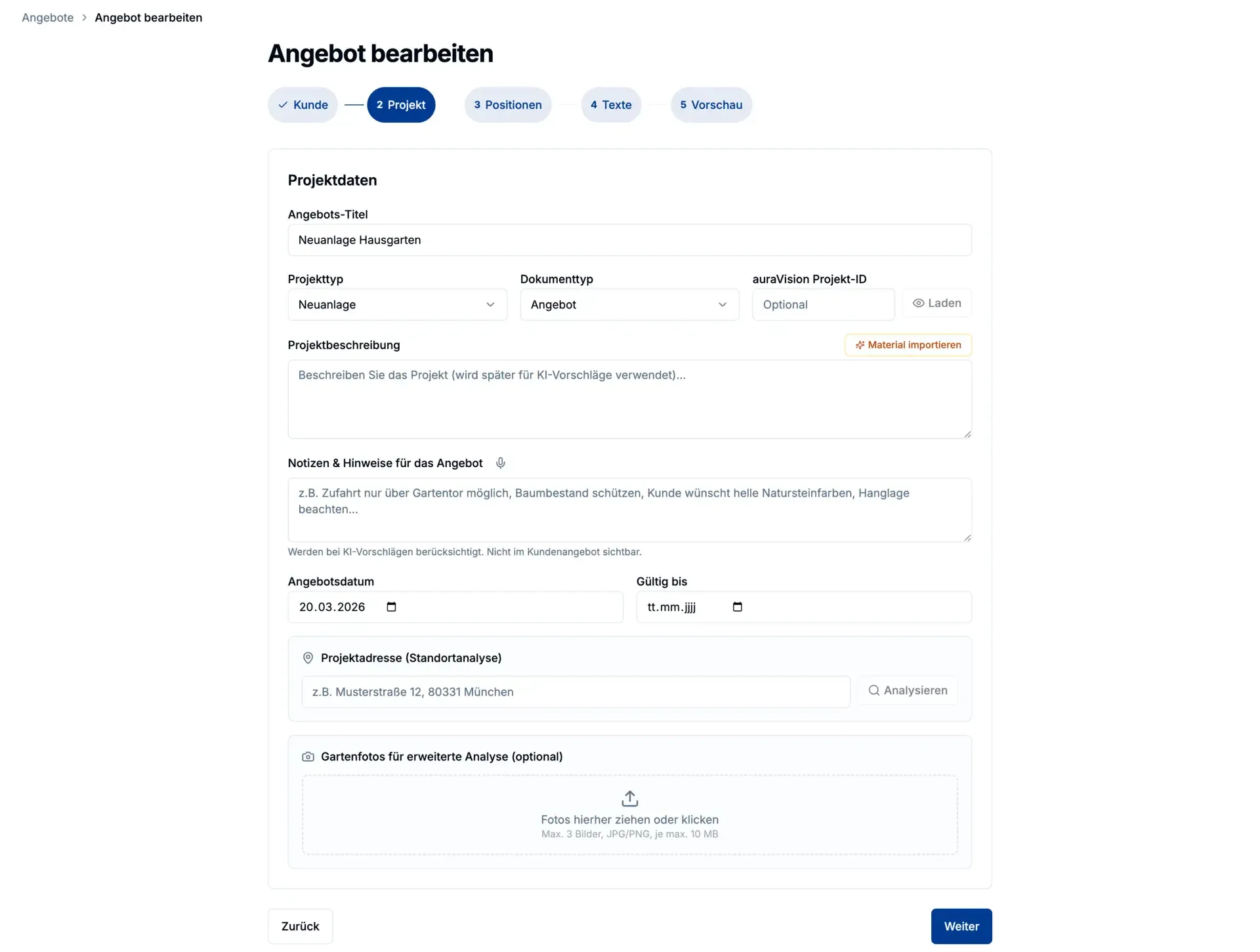 Angebot bearbeiten in auraQuote mit Projektdaten zur Hausgarten Neuanlage und Formularfeldern für Beschreibung und Adresse