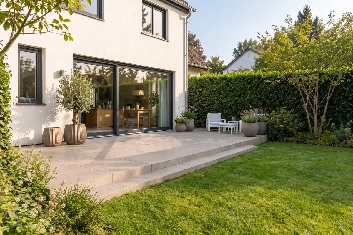 Mit auraVision erzeugter Gartenentwurf mit Terrasse, Einfassung und bepflanzten Flächen.